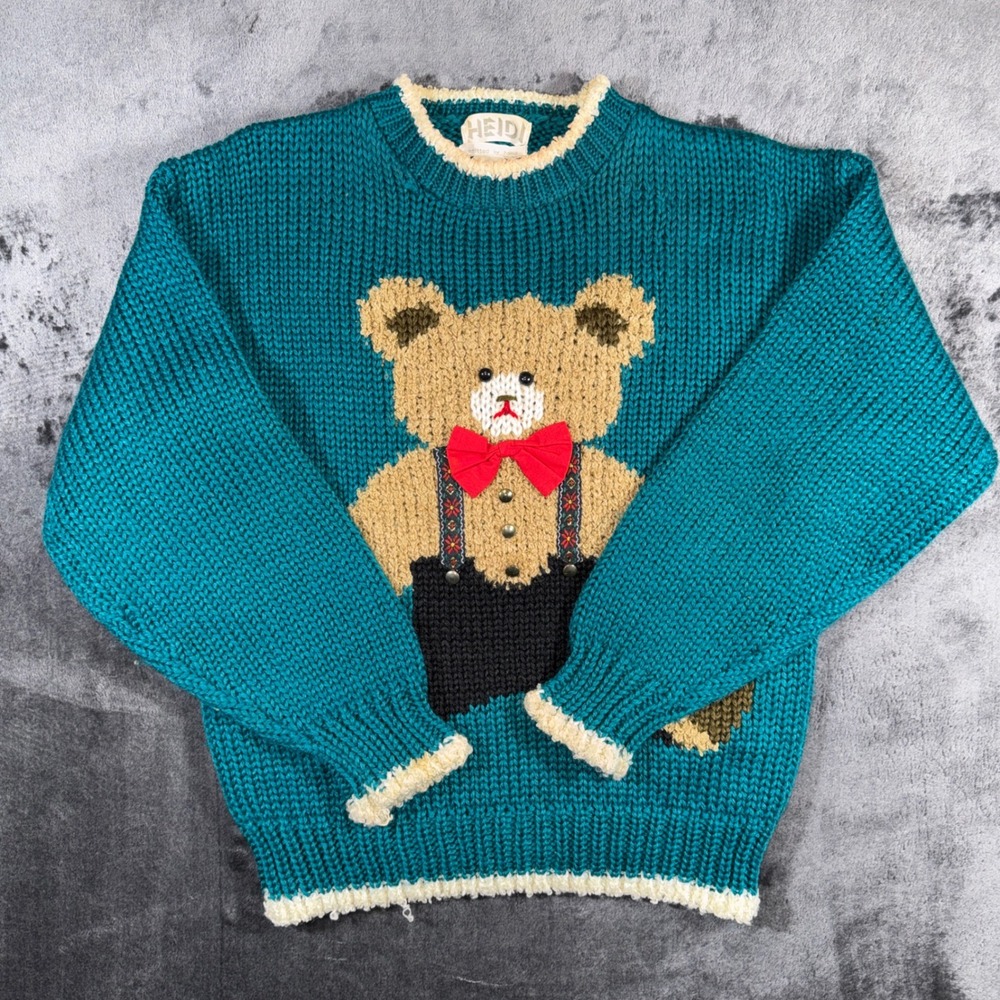 Vintage Heidi Hand Knitted Teddy Bear Sweater Teal Blue Red Bow Tie Large